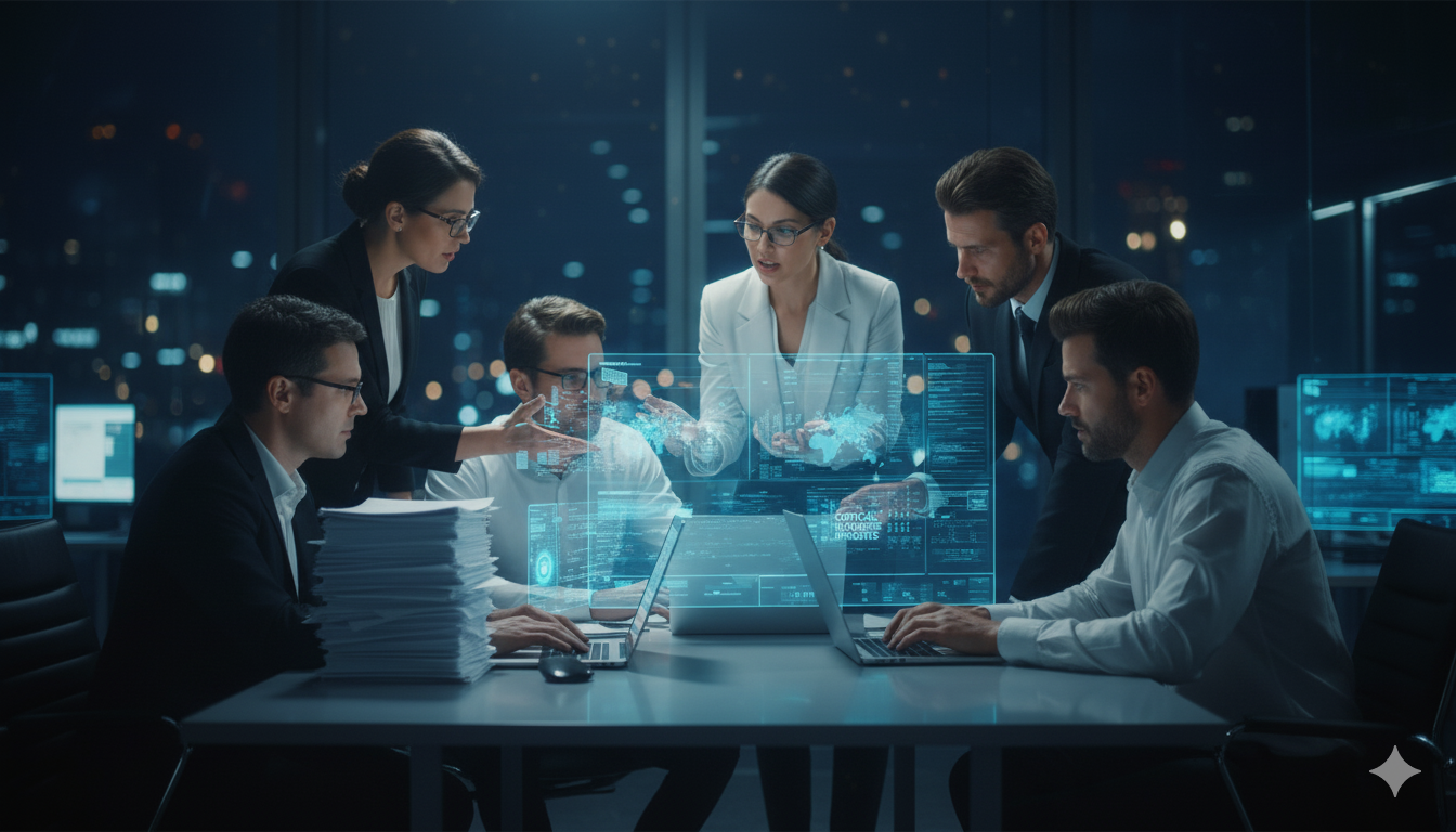 A group of focused business professionals in a dimly lit office are analyzing data on laptops and digital screens. The atmosphere is serious and collaborative.