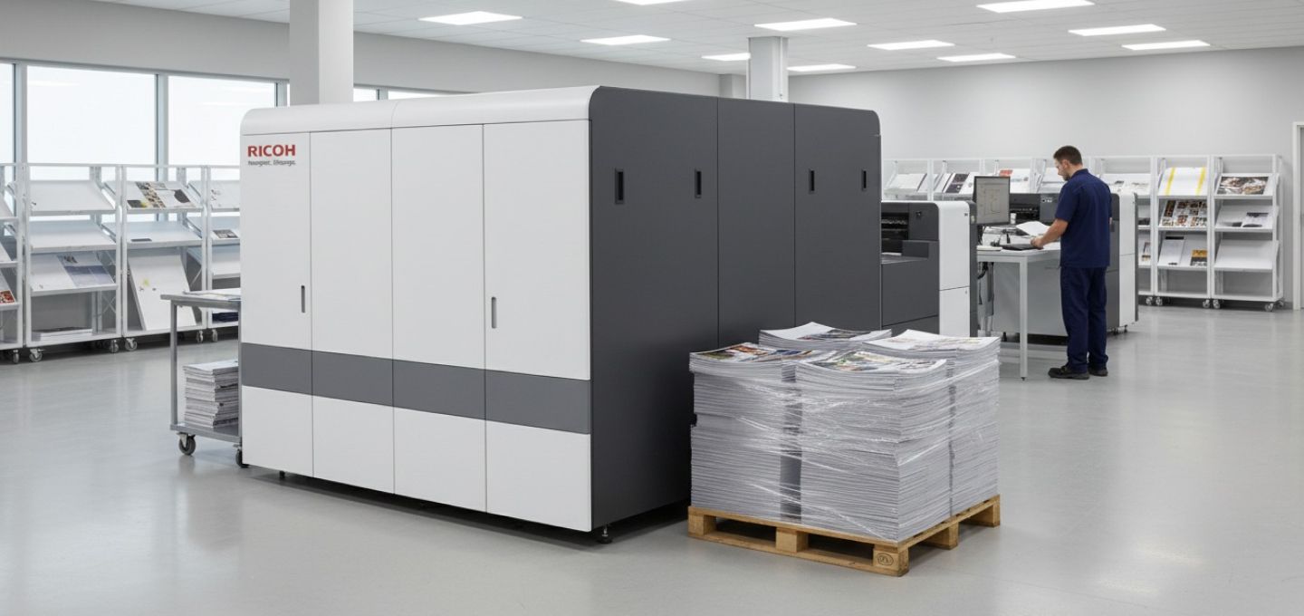 A sleek, professional showcase of the Ricoh Pro™ V20000 series press in a modern print production environment. The press is shown with its compact footprint (under 4.3 m² for mono, under 5.5 m² for color), fitting neatly into the workspace while still conveying powerful performance. The surrounding production floor is spacious, emphasizing the 50% increase in floor-space availability compared to bulkier dual-engine devices. Visual cues highlight high print output, with stacks of freshly printed materials nearby. The overall composition conveys efficiency, space-saving design, and strong performance, ideal for businesses seeking maximum productivity without expanding their floor space.