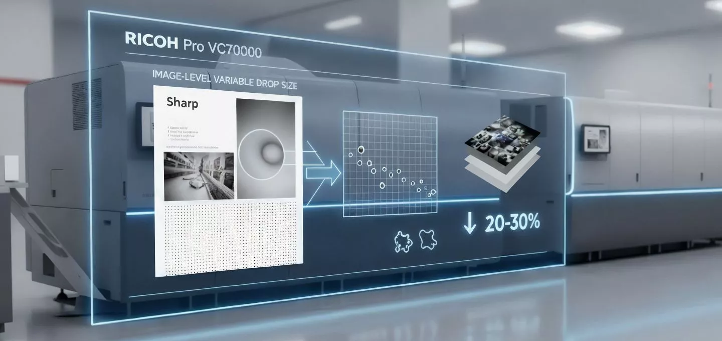 A high-tech visualization of the Ricoh Pro VC70000 press demonstrating image-level variable drop sizes. The scene highlights a close-up of a printed page where text is razor-sharp, grayscale tones are smooth, and halftones are precise. An inset or digital overlay illustrates how ink droplets vary in size at the pixel level, contrasting with larger, less efficient droplets from traditional systems. Another section of the output shows high coverage areas with efficient ink distribution, symbolizing reduced ink usage. The environment is sleek and professional, conveying innovation, precision, and advanced inkjet control.