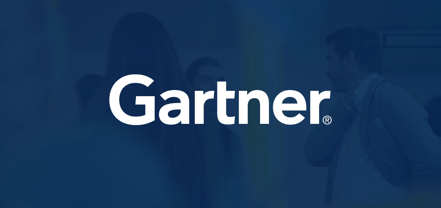 Gartner logo displayed over a blue-toned background with people in conversation.